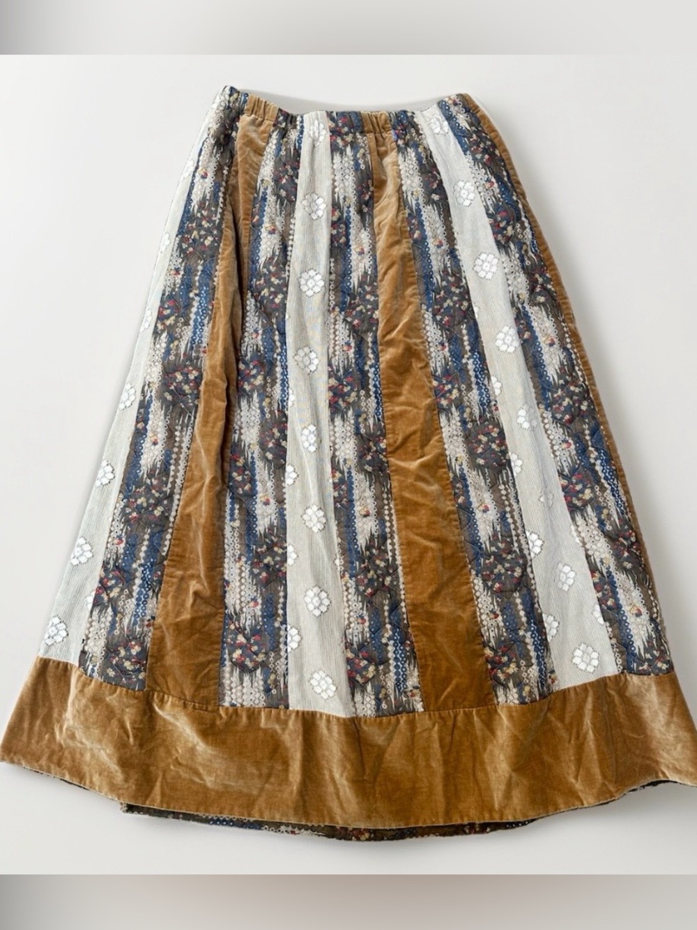 Vintage 70s Velvet Lace Floral Patchwork Prairie Maxi Skirt Brown Cream Boho L
